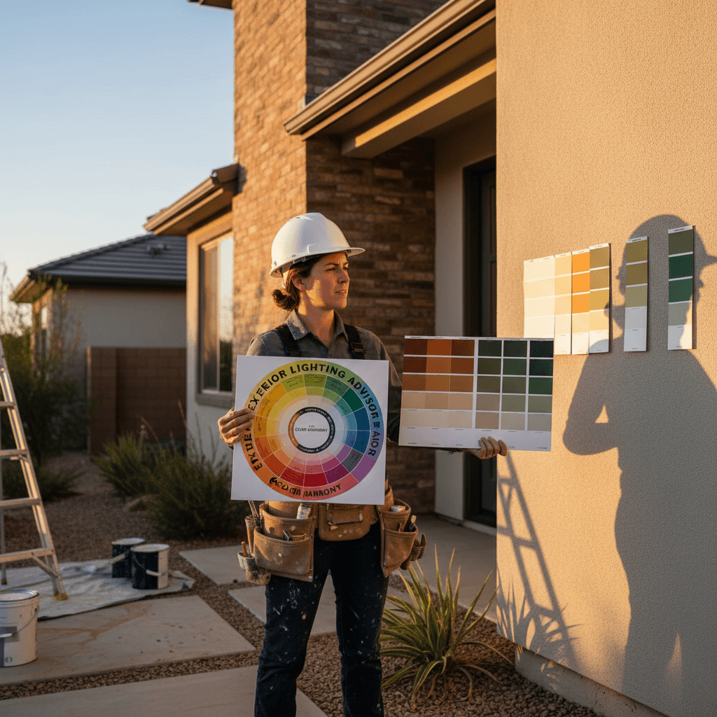 Painter holding multiple paint samples examining them against house exterior in different lighting
