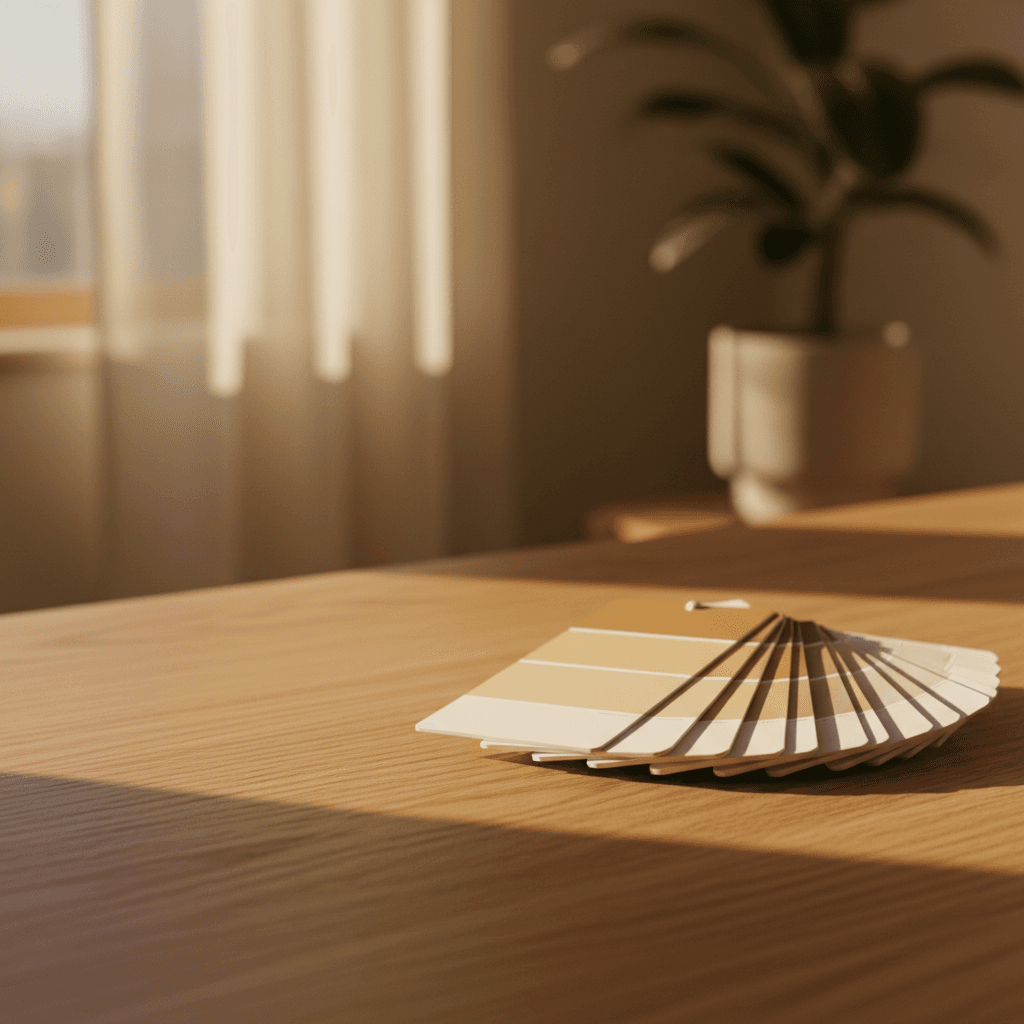 Paint color swatches displayed on wood surface in natural light
