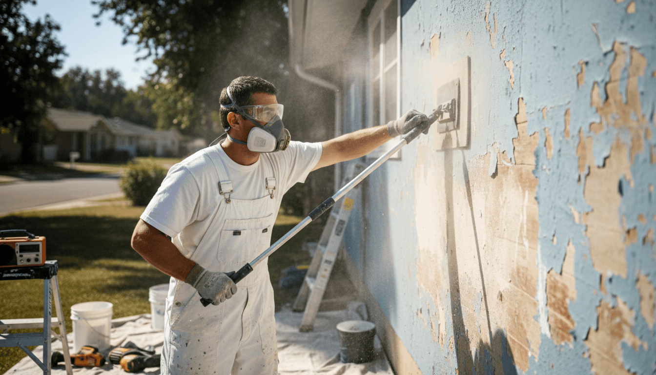 Painter performing surface preparation on exterior wall with hand tools and careful attention to detail