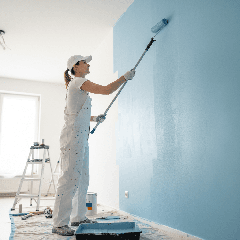 Painter applying paint coat with proper technique