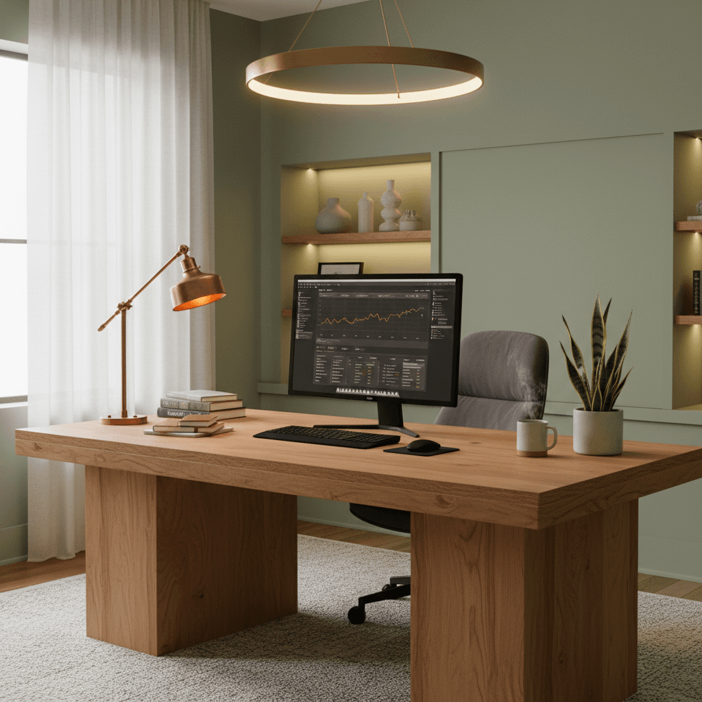 Home office with muted green wall paint and wooden desk