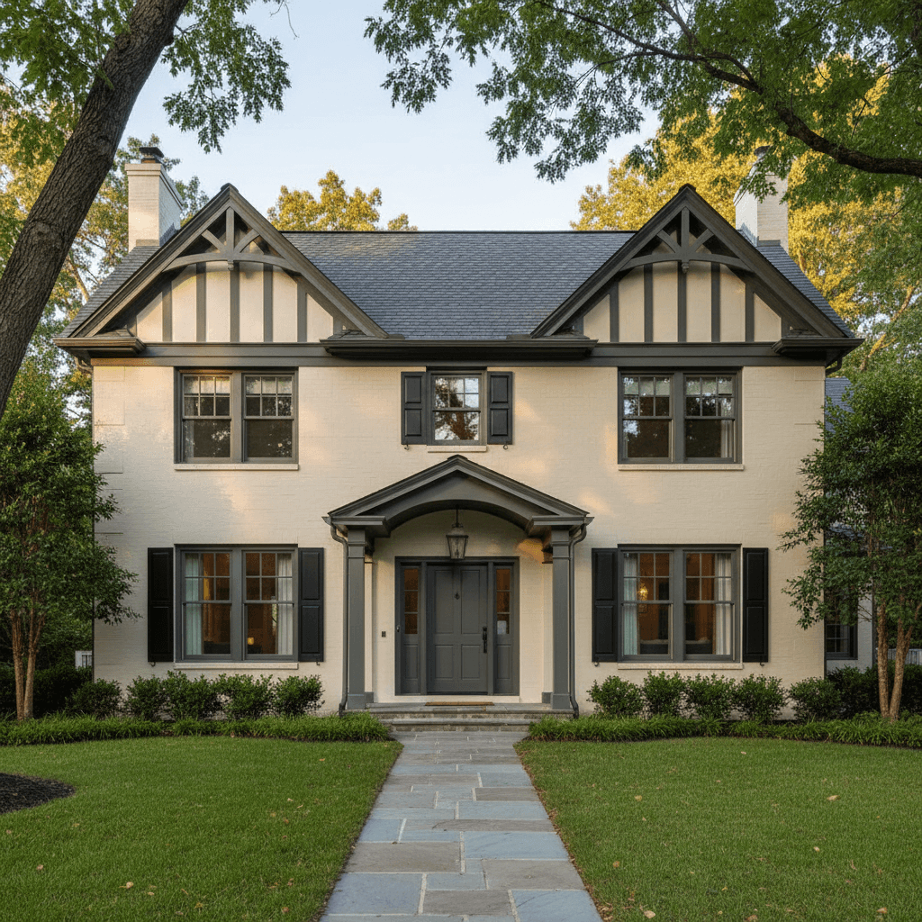 Classic home with cream siding and black accent trim throughout