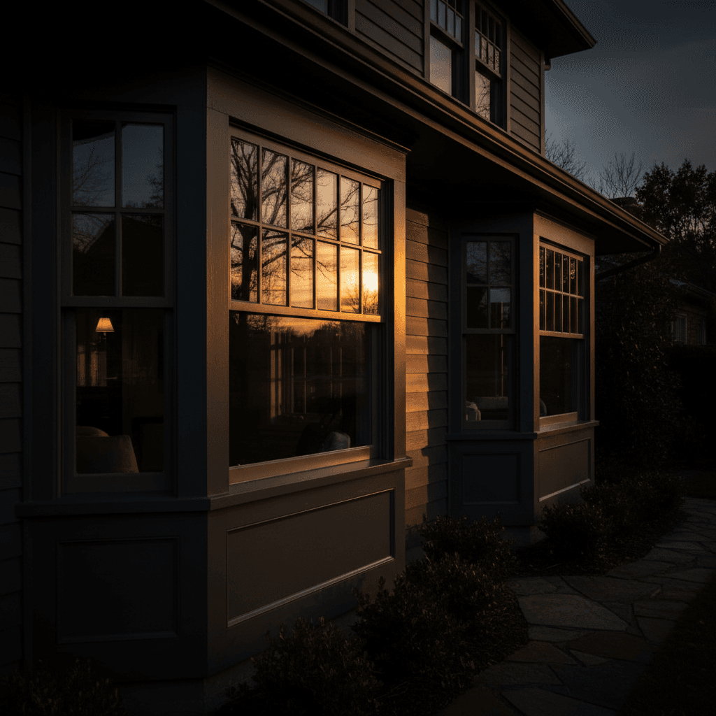 Multiple residential wooden windows restored with professional painting at golden hour
