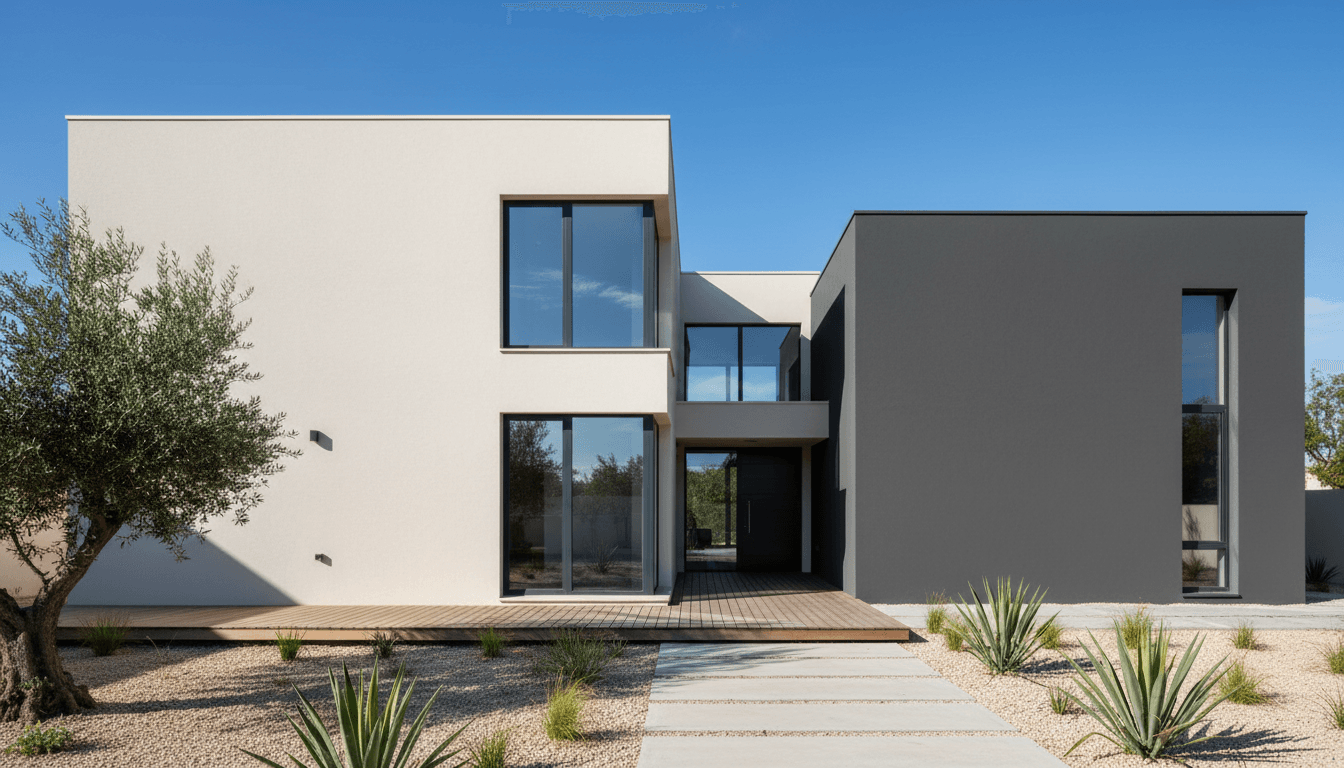 Modern two-tone exterior house with complementary color scheme showing contemporary home design