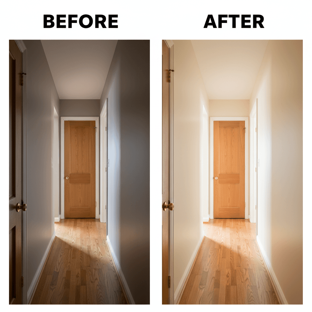Narrow hallway before and after interior painting transformation