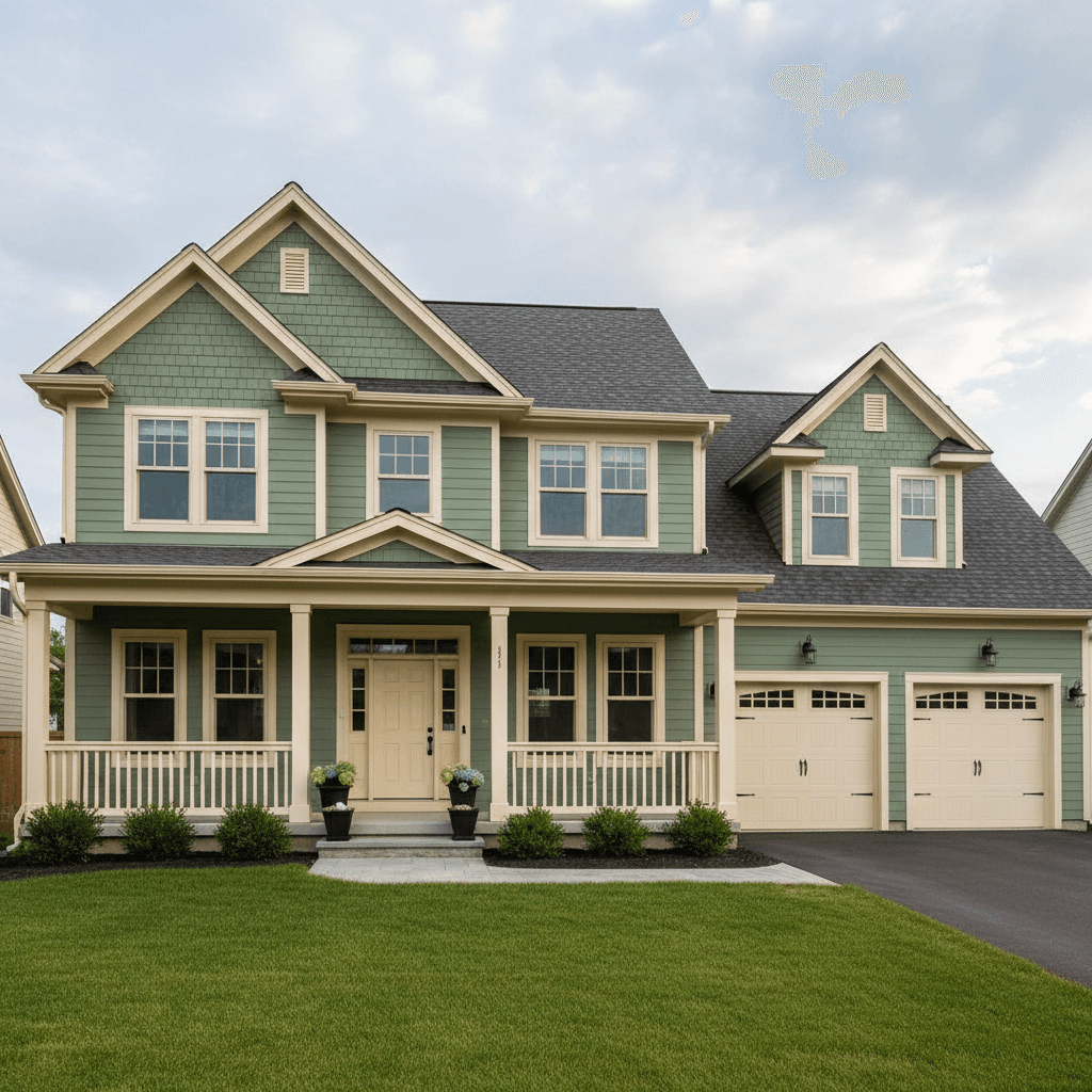 Soft sage green home with white trim and matching accent doors