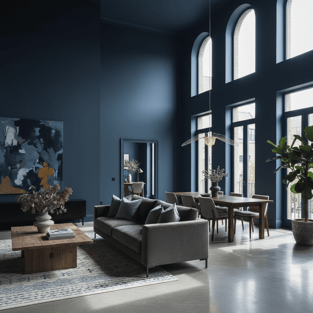 Open-concept space with moody blue wall and high ceilings creating airy feel