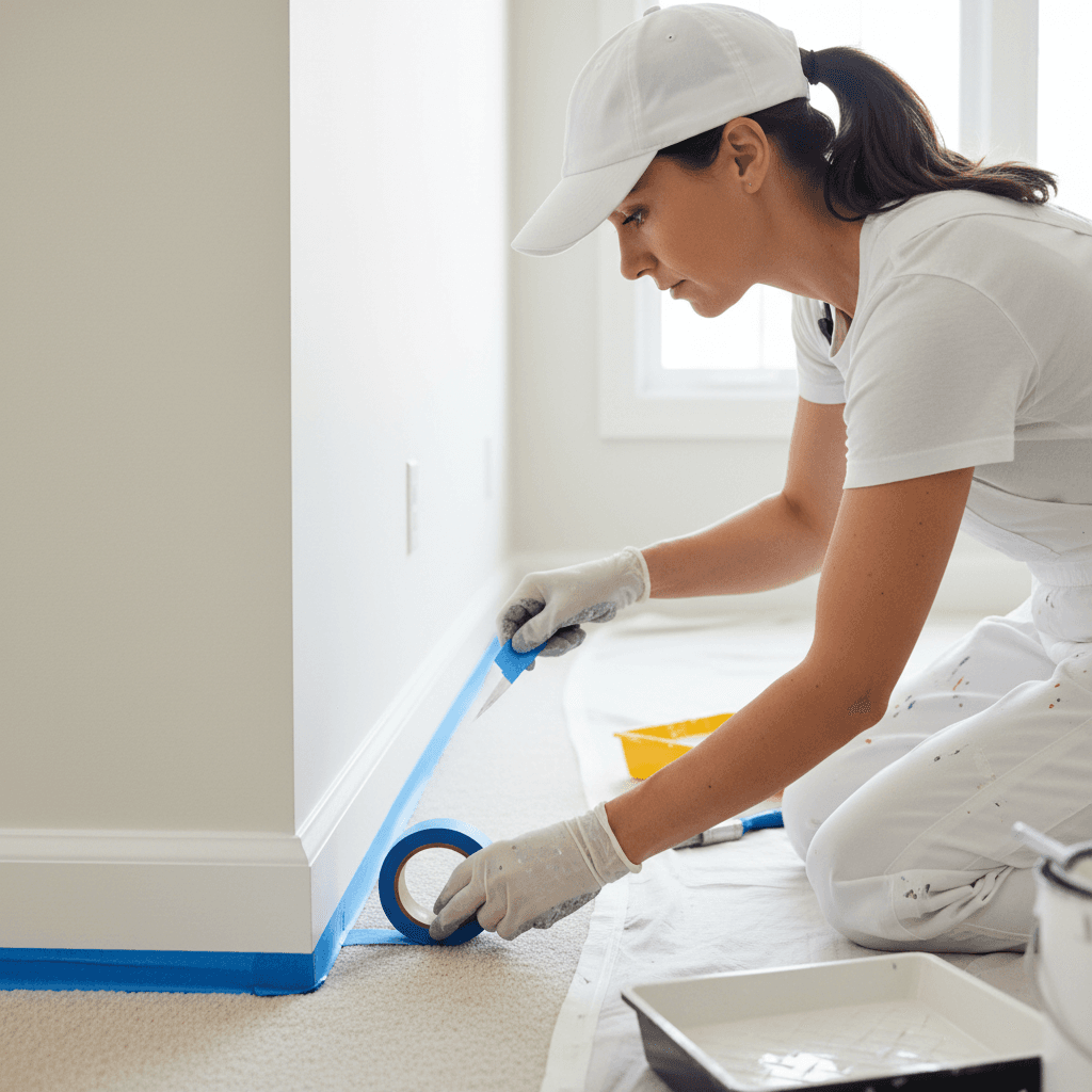 Painter applying masking tape to trim before painting