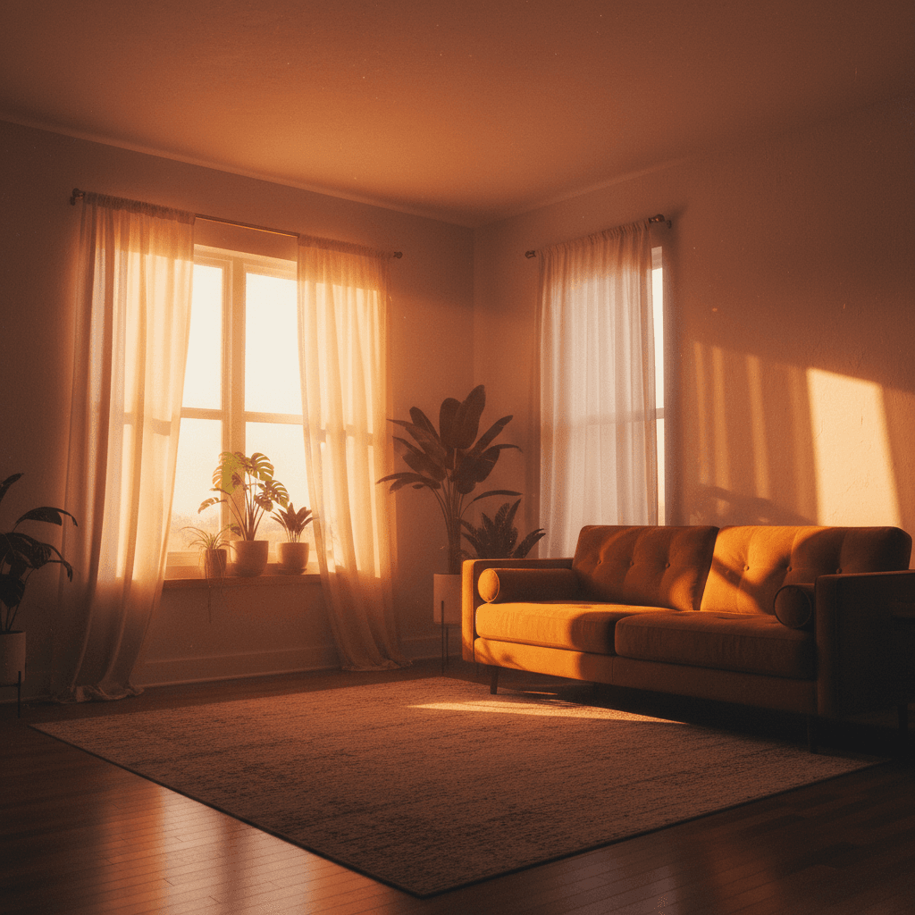 Warm sunset light entering through west-facing windows