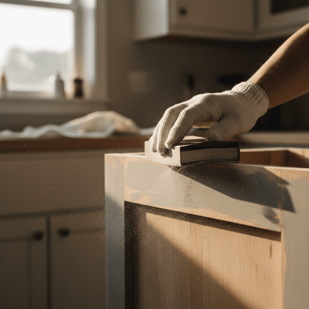 Painter sanding cabinet door during preparation stage