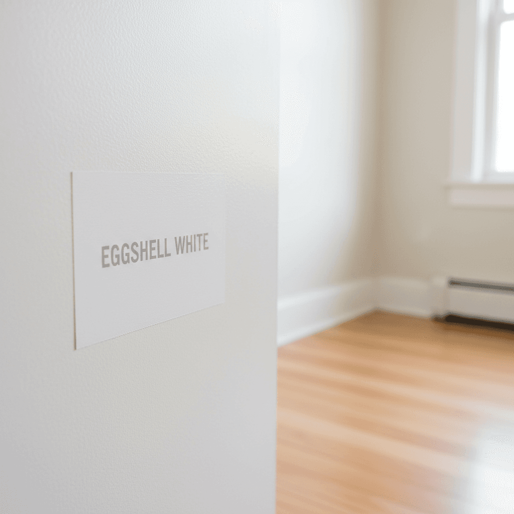 Light paint color swatch with eggshell sheen held against bedroom wall