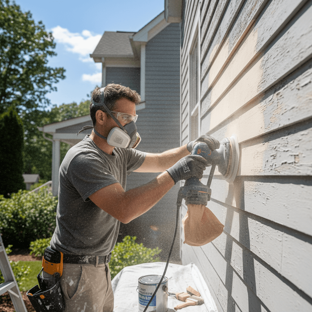 Painter preparing exterior surface by sanding wood