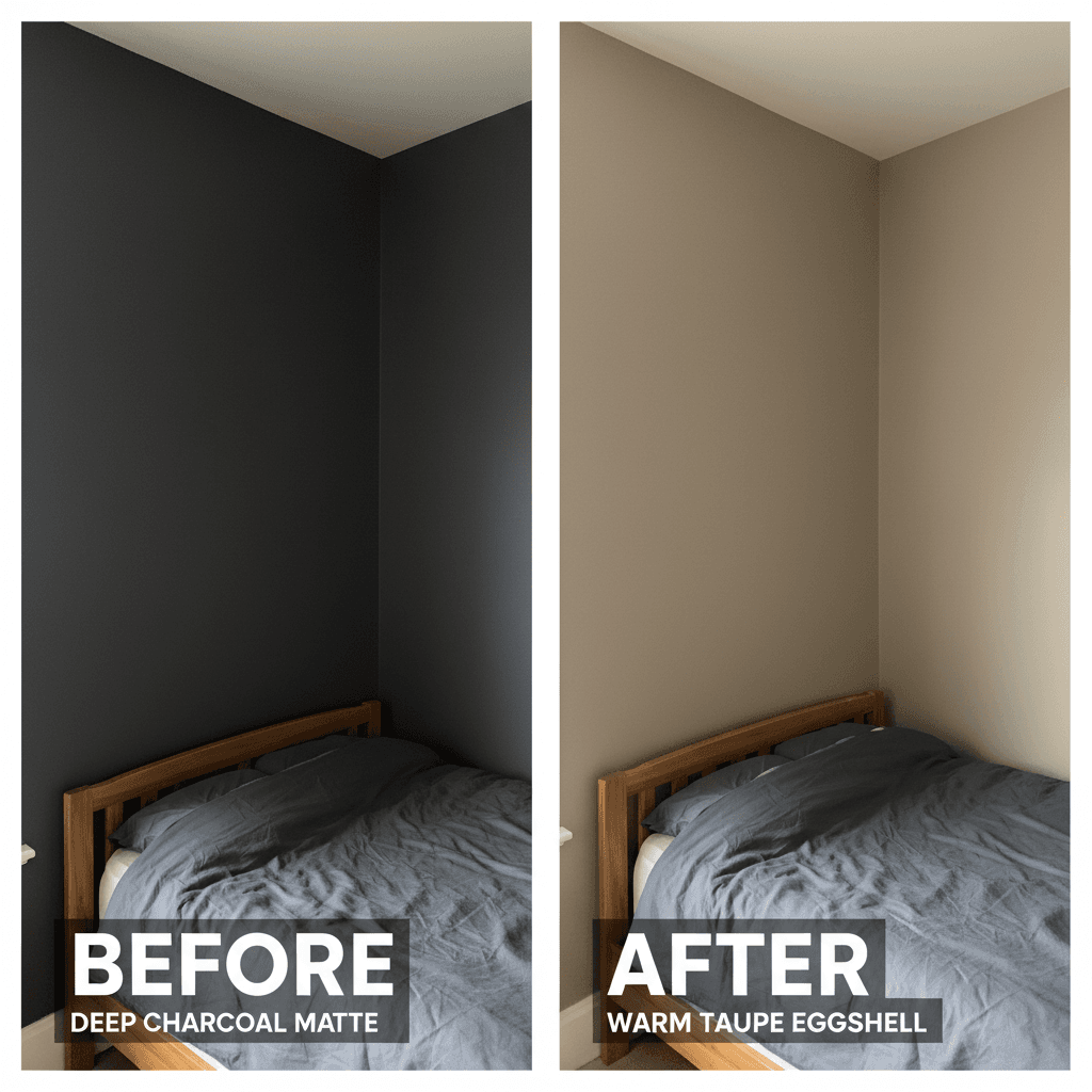 Bedroom accent wall before and after interior painting with warm taupe finish
