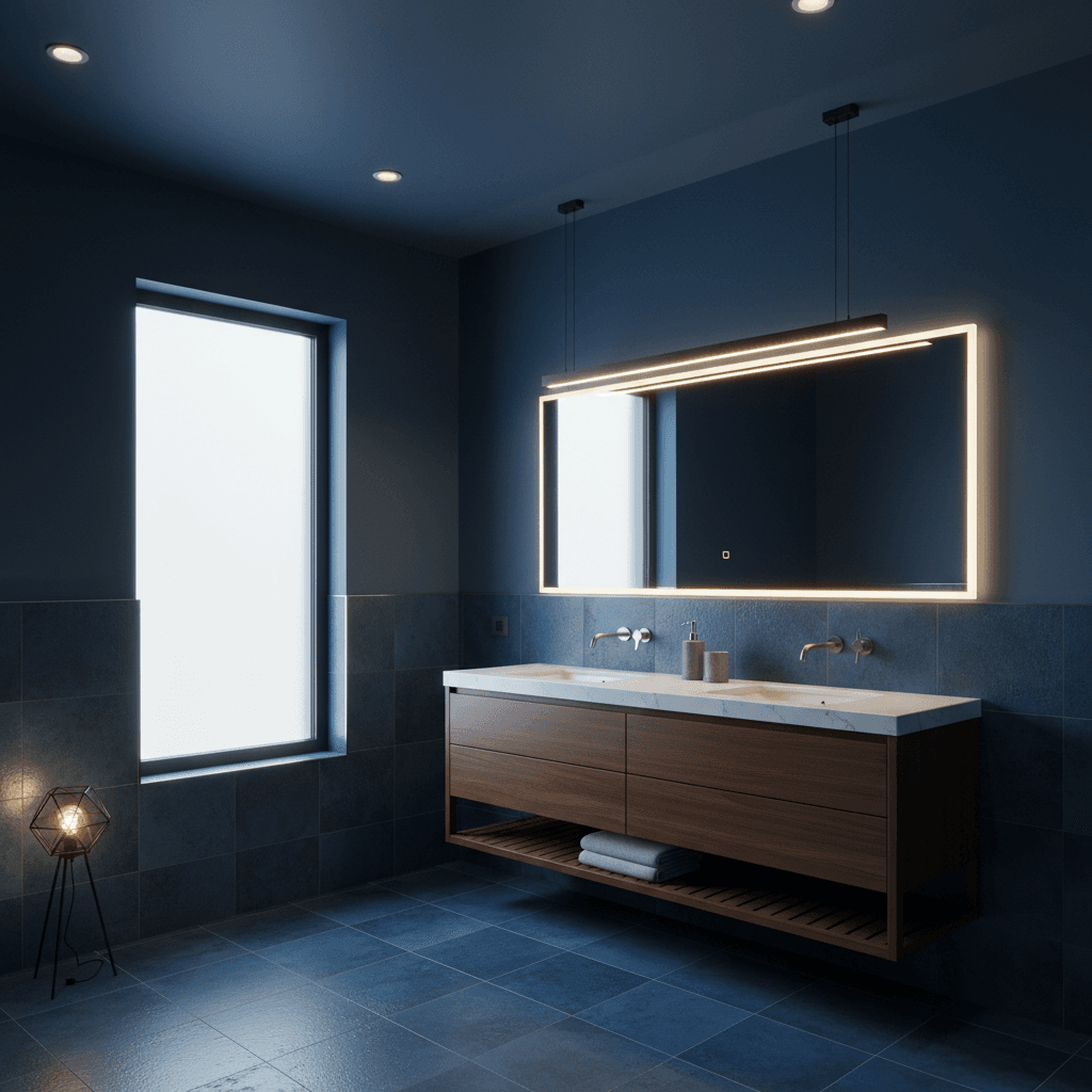 Modern bathroom with moody blue walls, layered lighting, and polished fixtures