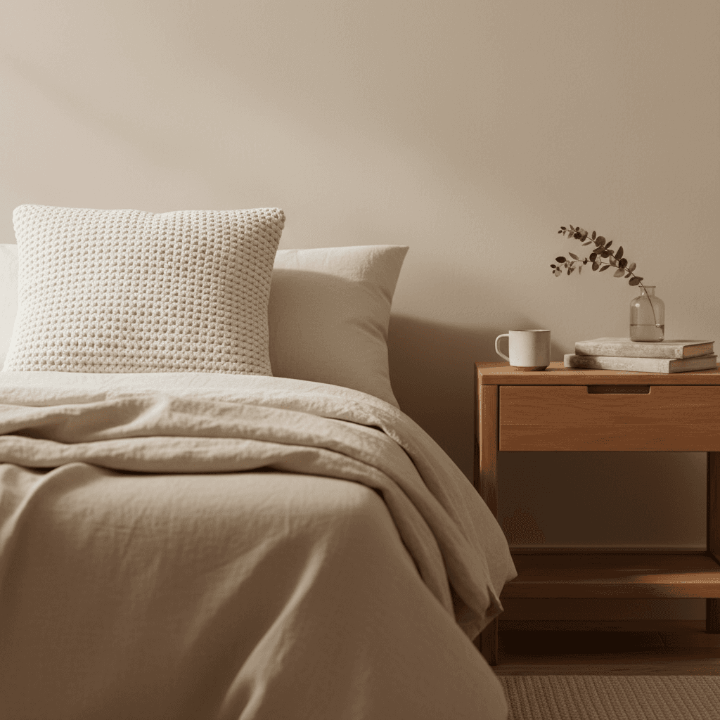 Bedroom with warm neutral paint and natural textures