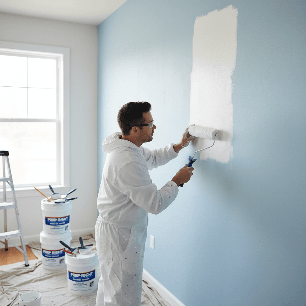 Professional applying primer with quality equipment