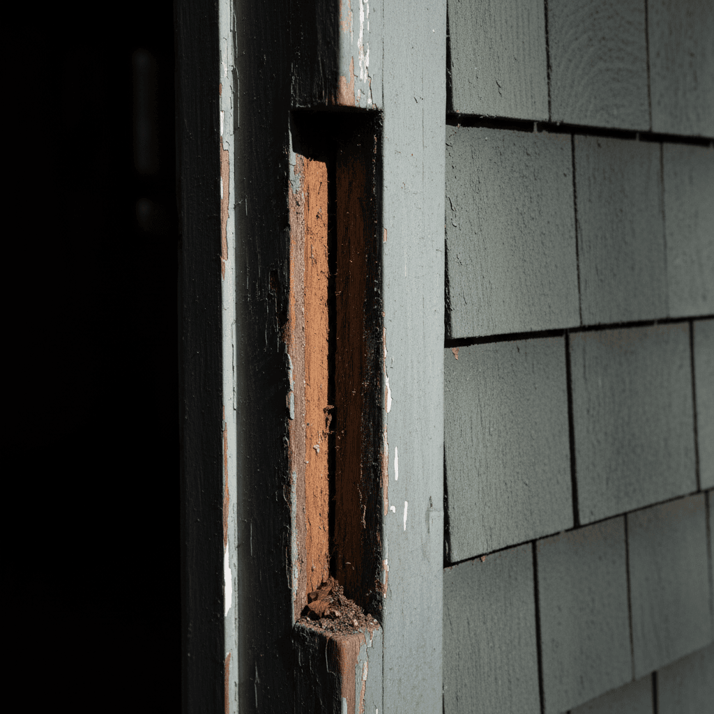 Missing exterior caulk at door frame exposing bare wood