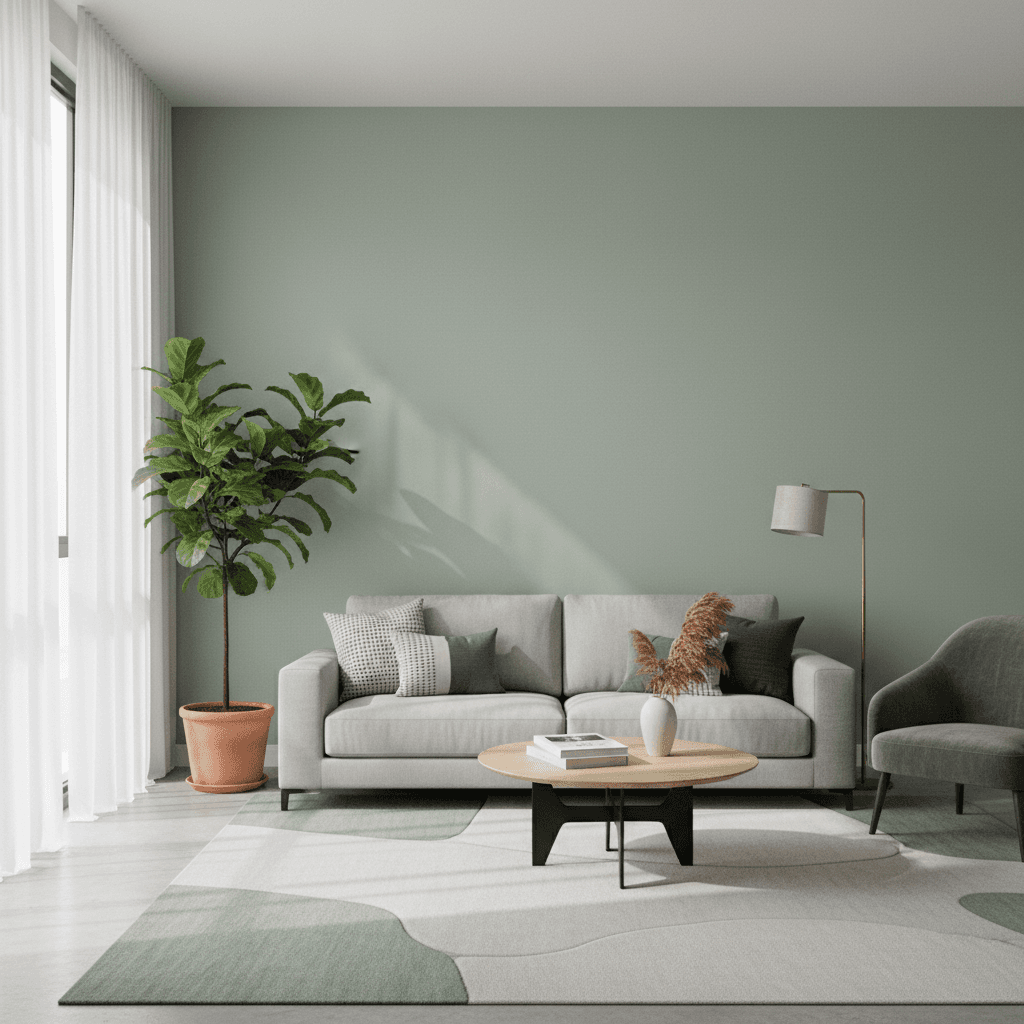 Living room with muted sage green accent wall and natural light