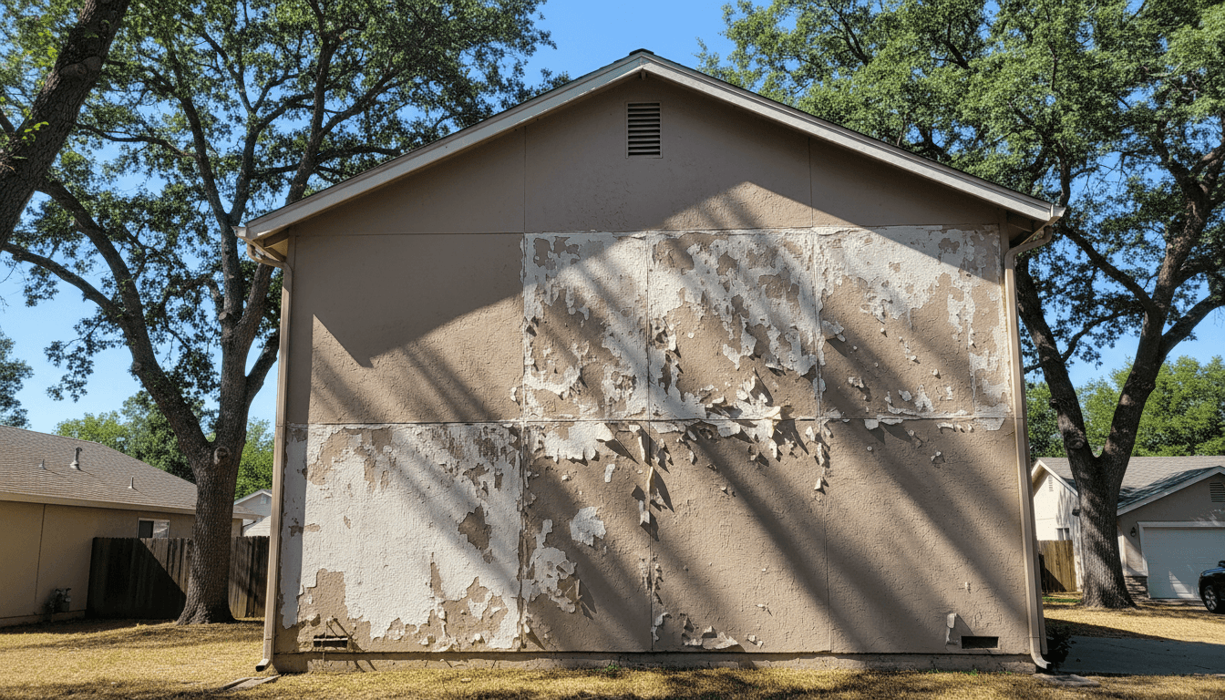 Sacramento home exterior showing peeling paint, blistering, and color fading from sun damage and moisture intrusion