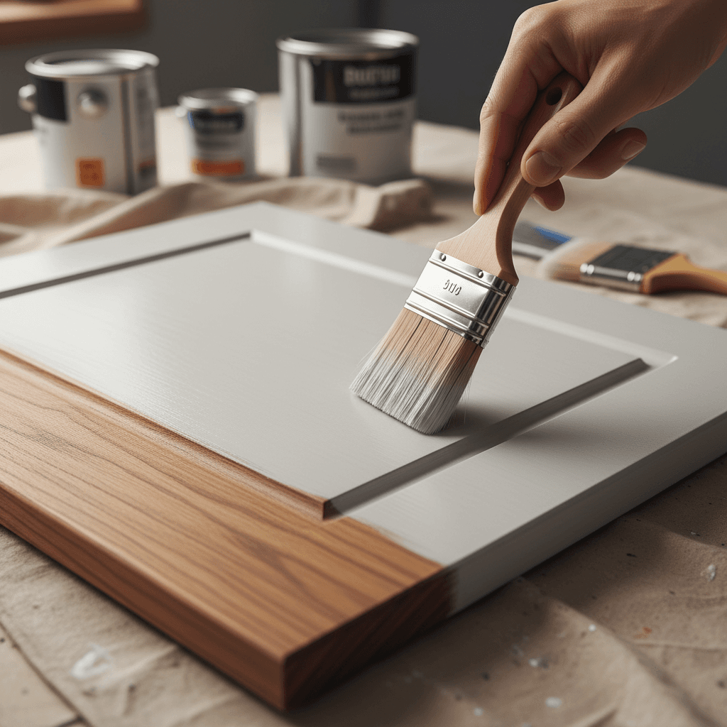 Painter applying primer coat to prepared cabinet surface