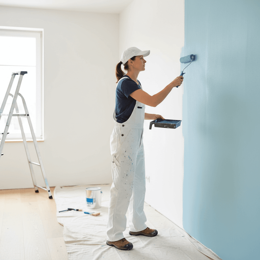 Painter applying interior paint with professional technique