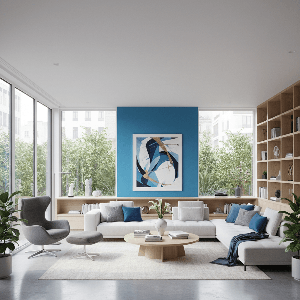 Bright living room with moody blue accent wall and abundant natural light