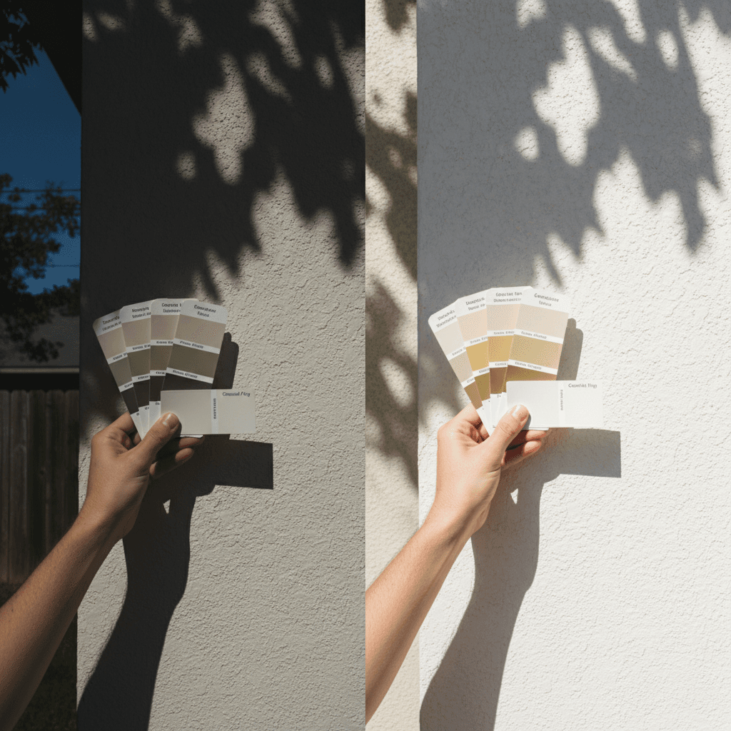 Paint color chip held in shade next to same color in bright sunlight showing dramatic difference