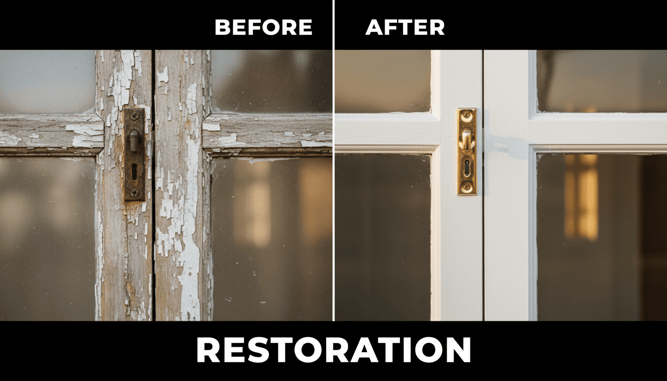 Before-and-after comparison of wood window restoration showing weathered window transformed to pristine painted finish
