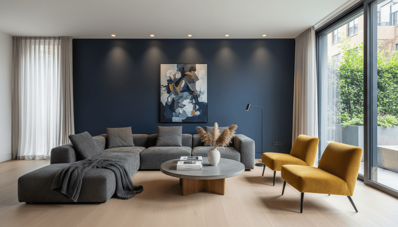 Modern living room with a moody dark blue accent wall, warm lighting, and large windows bringing in natural light