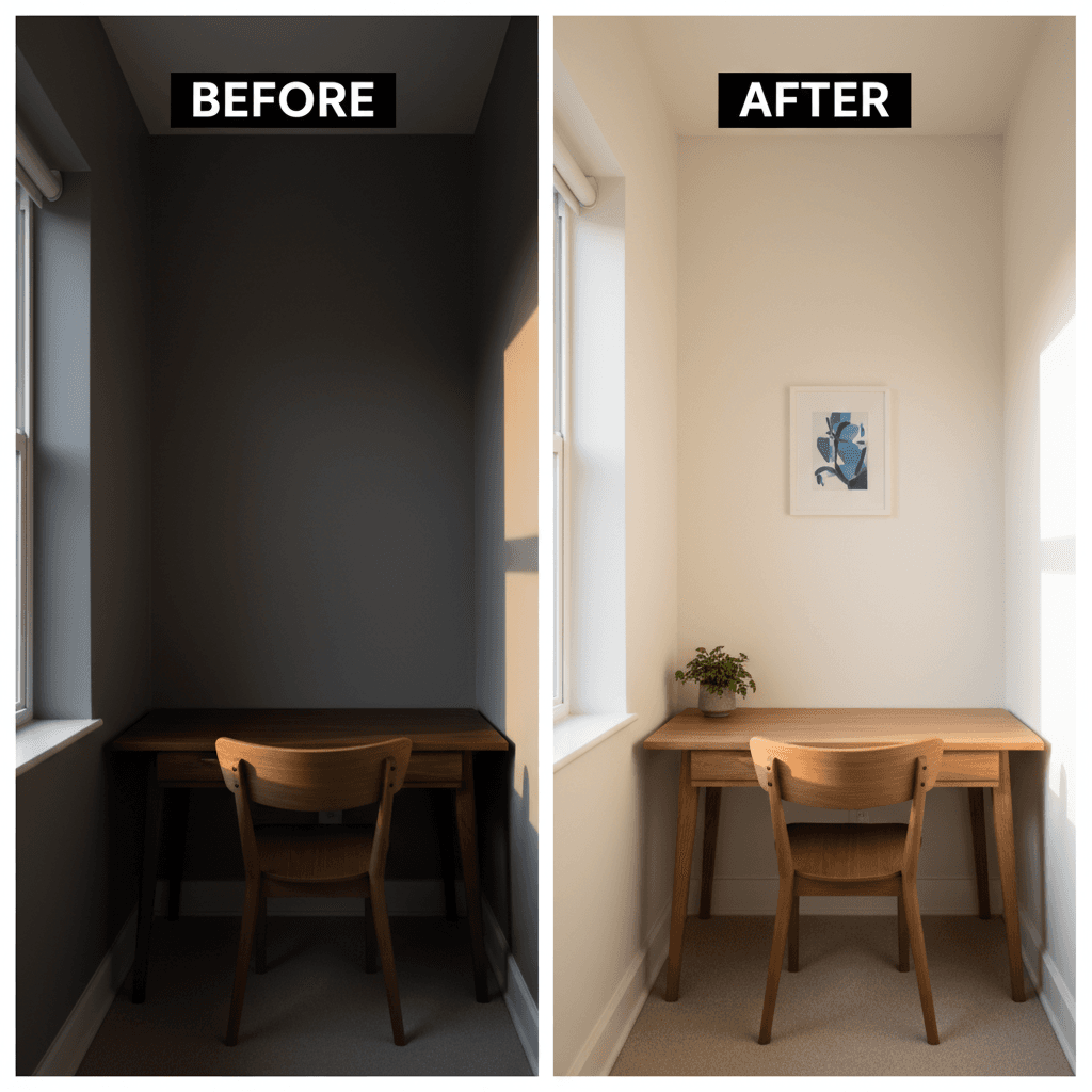 Home office nook before and after interior painting with white eggshell finish