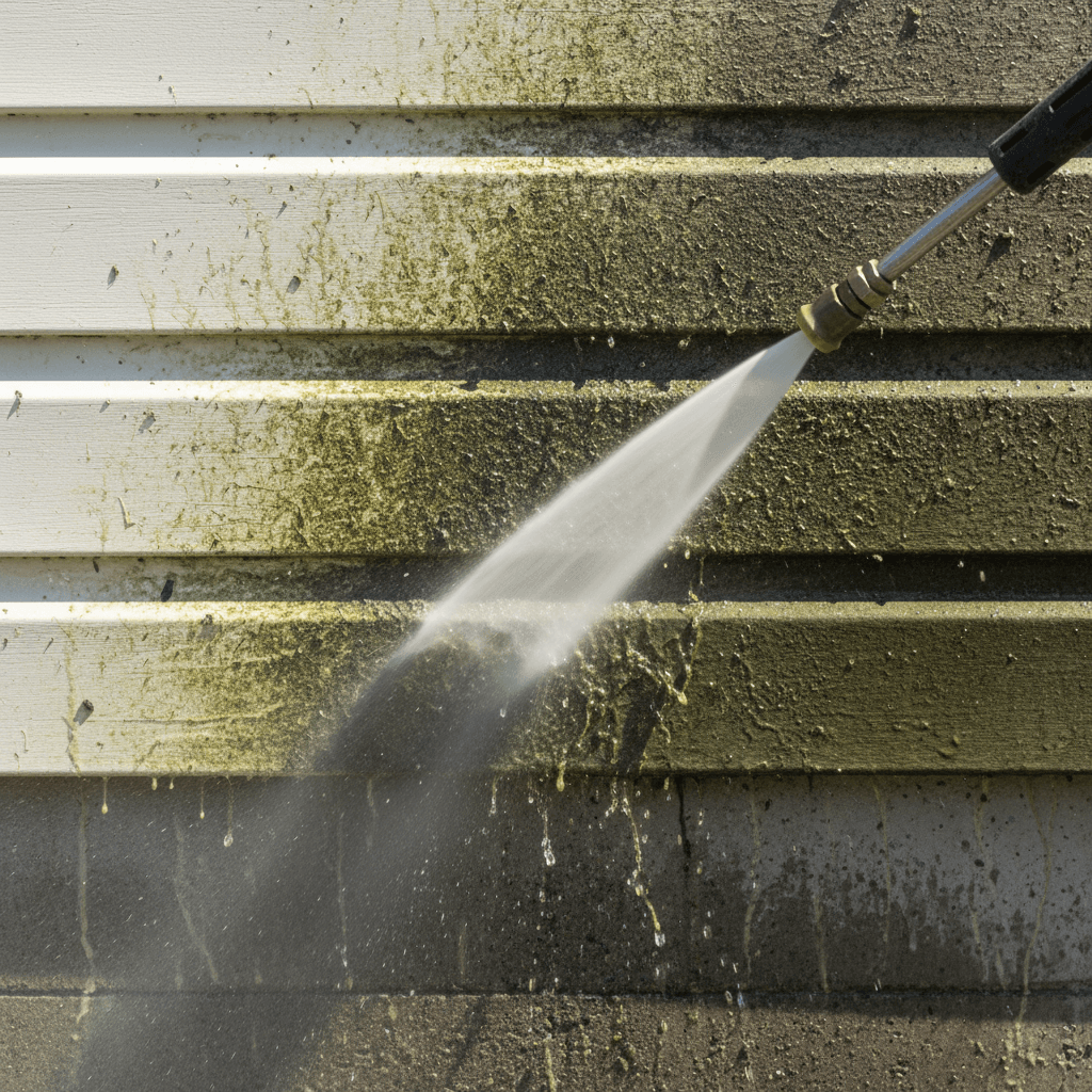 Pressure washing removes built-up dirt and contaminants from house siding