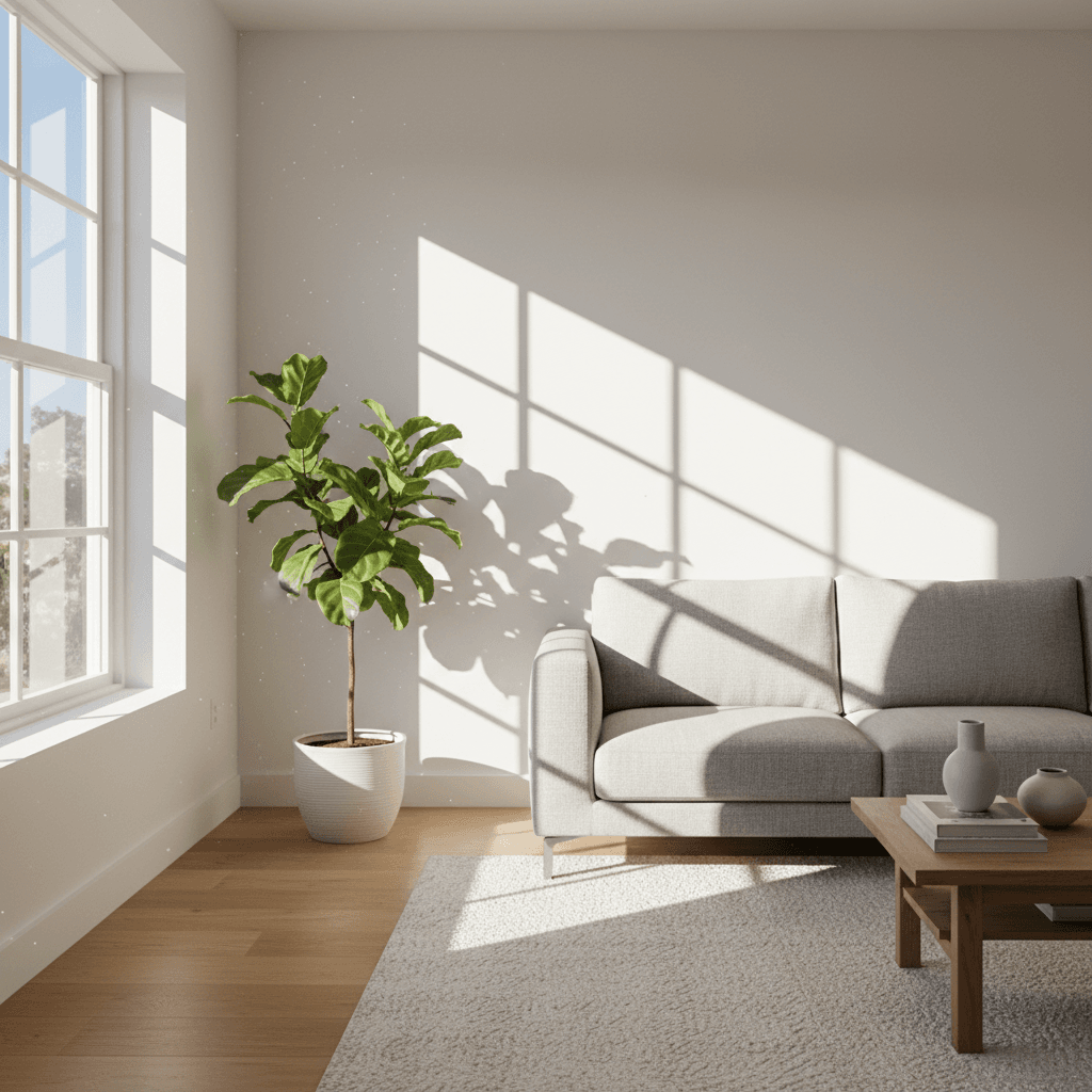 Strong midday light coming through east-facing windows