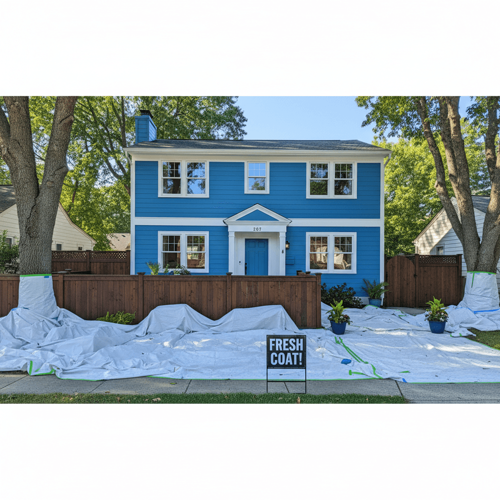 Exterior house freshly painted with protected landscaping and uniform color coverage