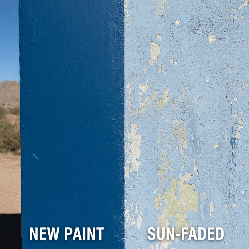 Fresh vibrant exterior paint next to severely faded and sun-bleached paint on neighboring wall