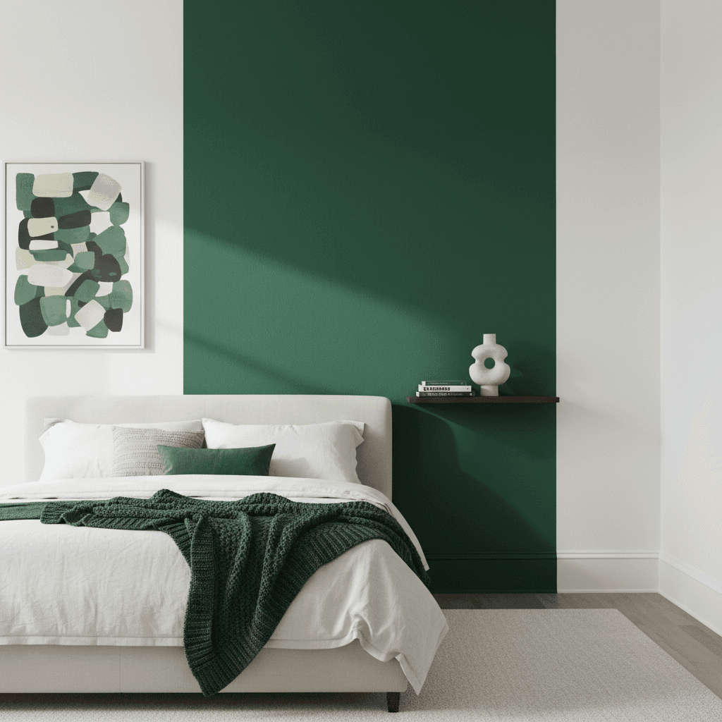 Forest green matte accent wall contrasted with light eggshell walls