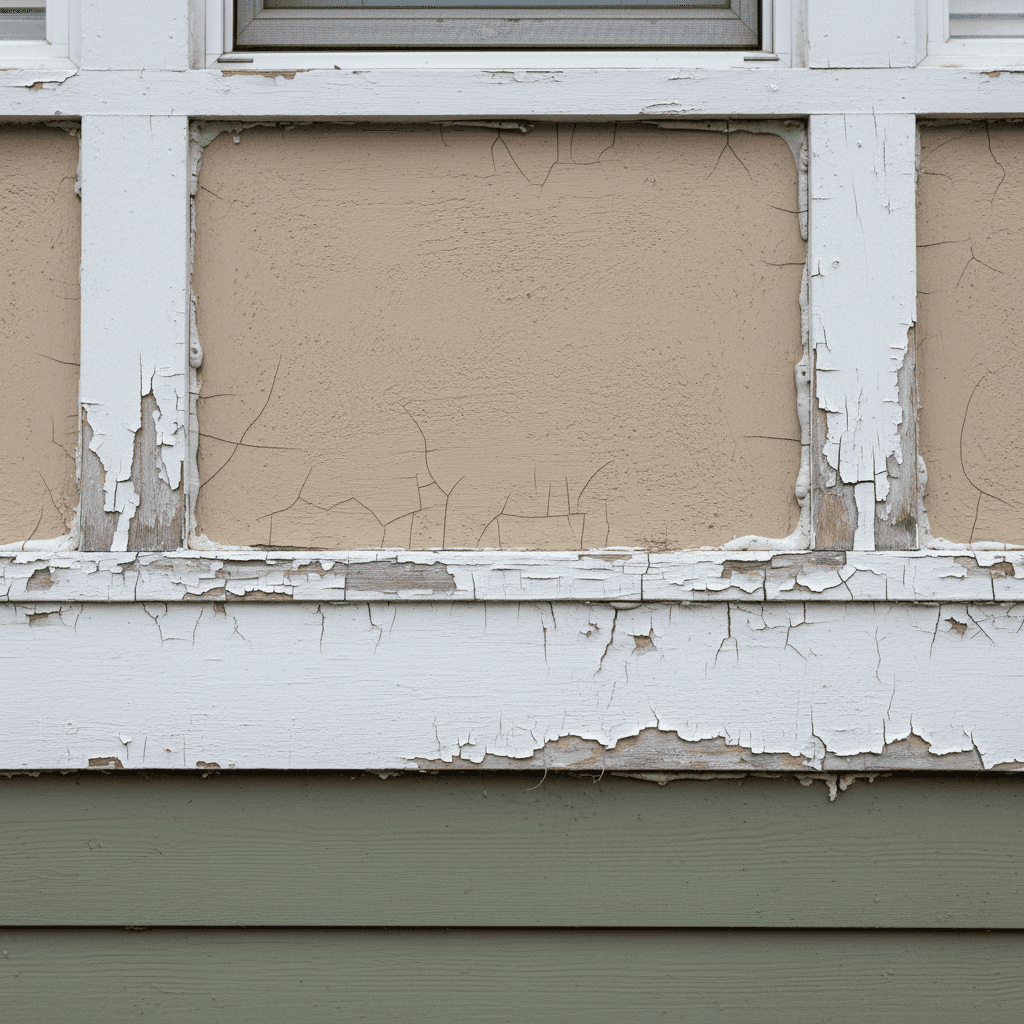Multiple points of caulk failure visible across window trim