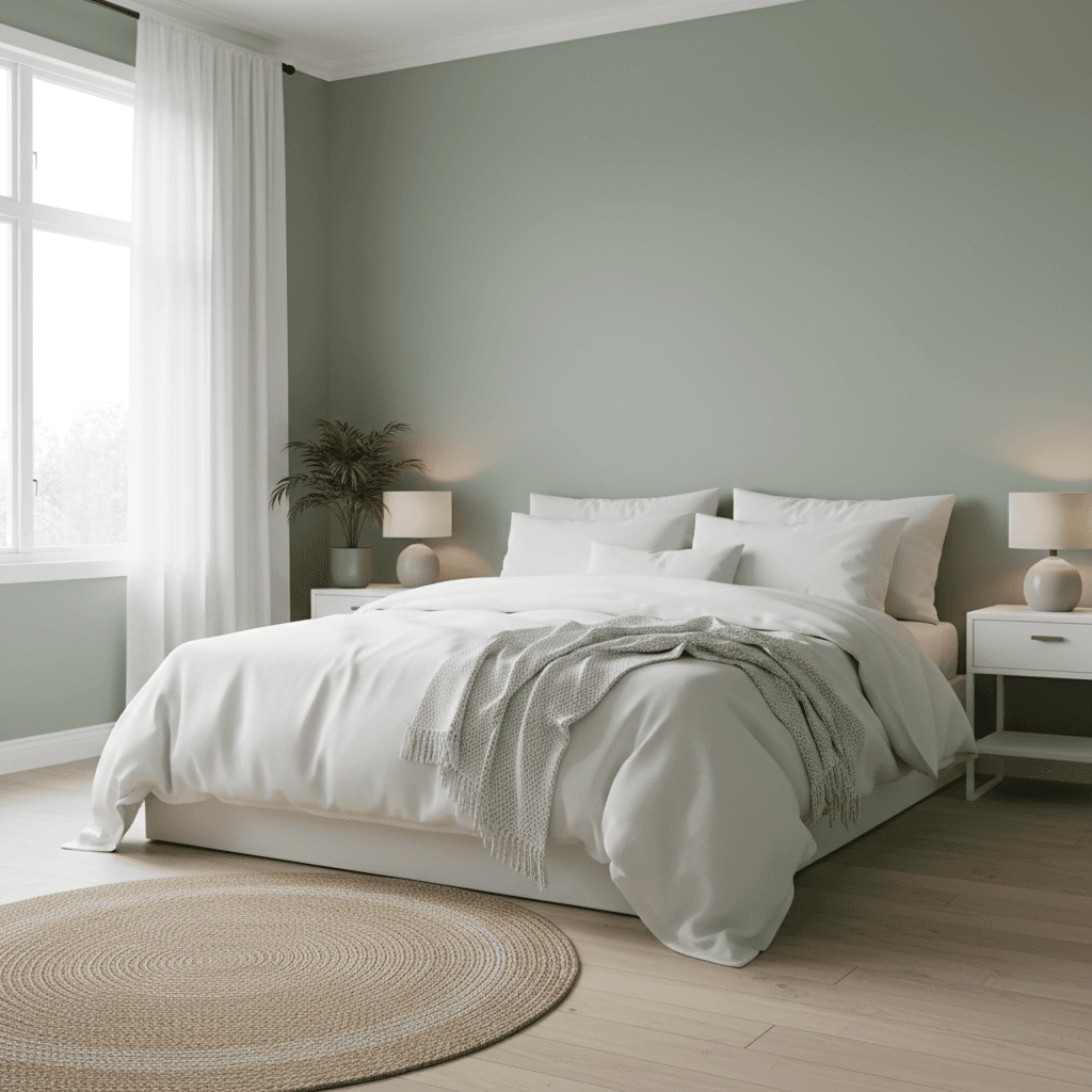 Bedroom painted in soft muted green with white furniture