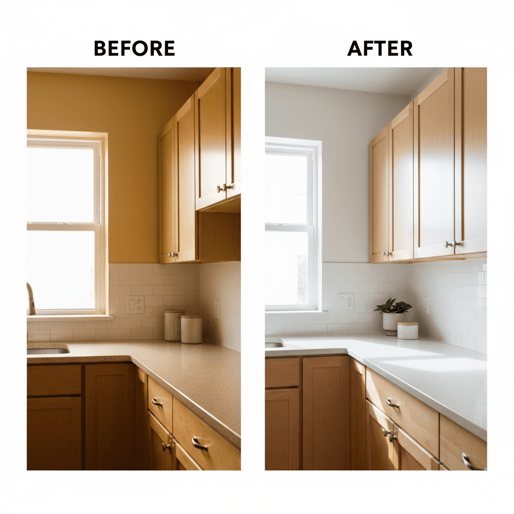 Kitchen nook before and after interior painting with off-white satin finish