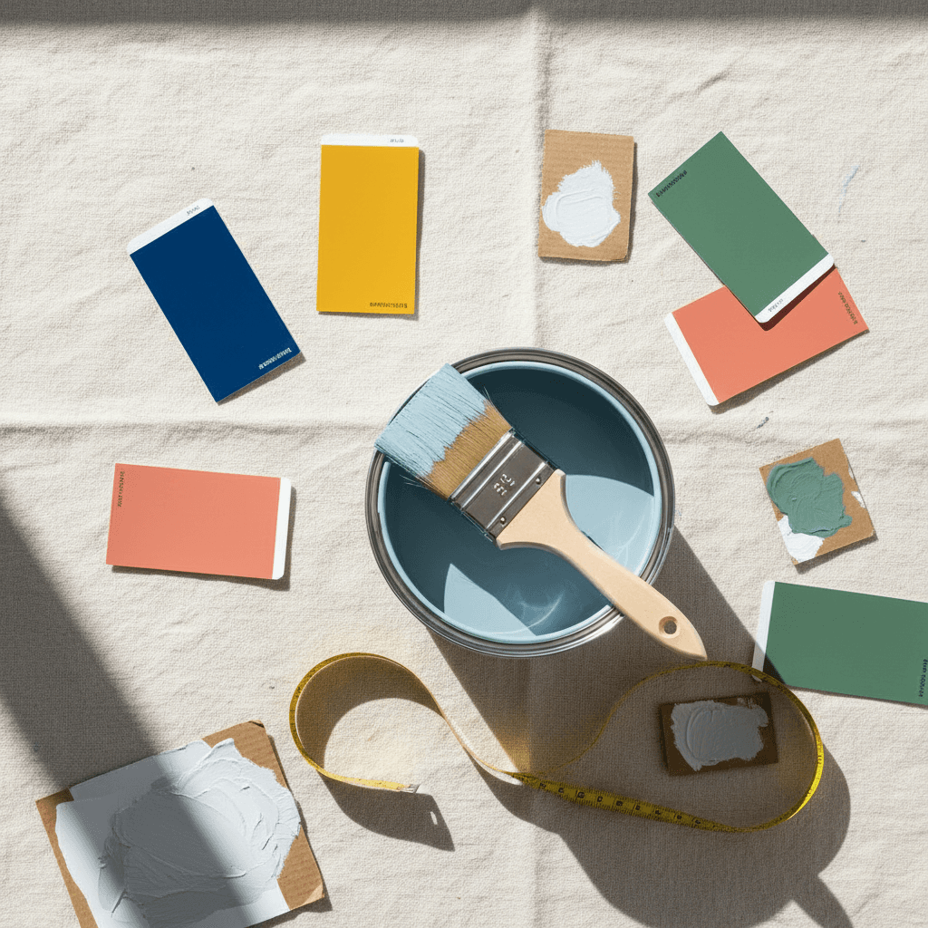 Paint supplies and color samples arranged on work surface