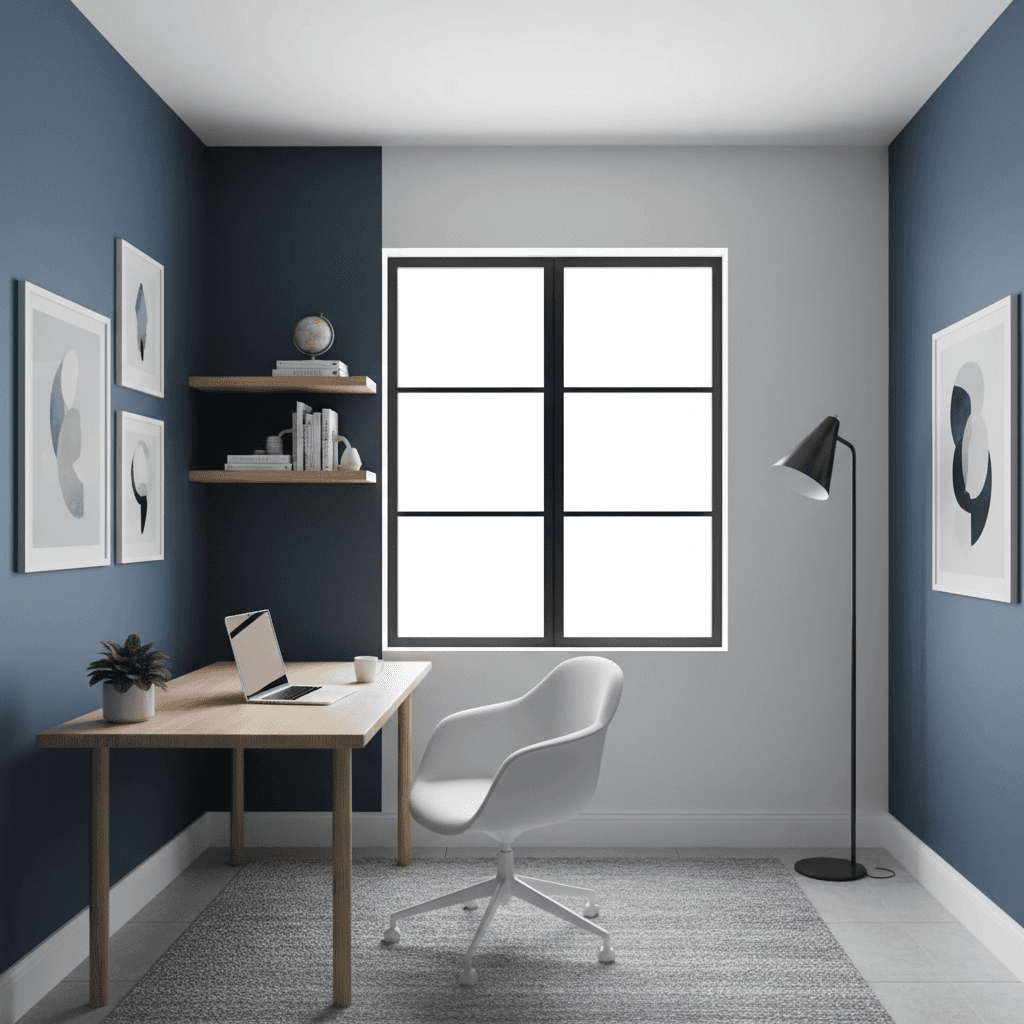 Office with one moody blue accent wall and three white walls for brightness