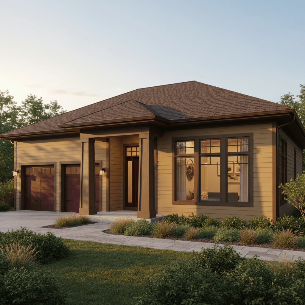 Home with warm tan exterior and rich brown accent features