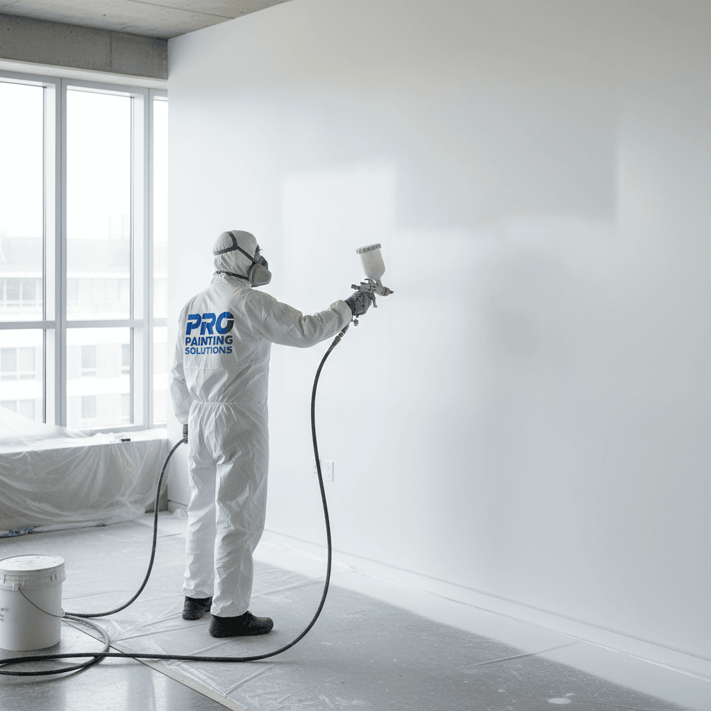 Professional painter using airless sprayer on interior wall