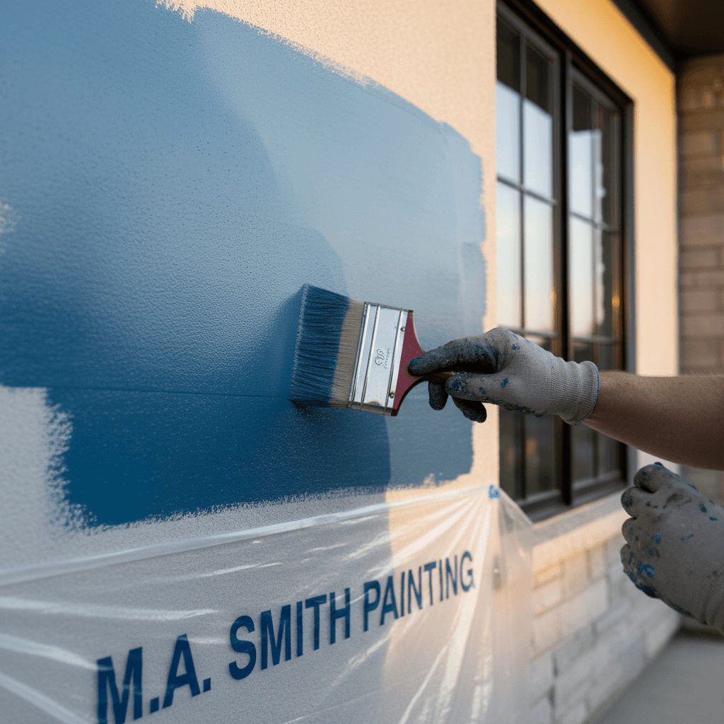 Gloved hand applying blue paint to a white exterior wall with a wide paintbrush.