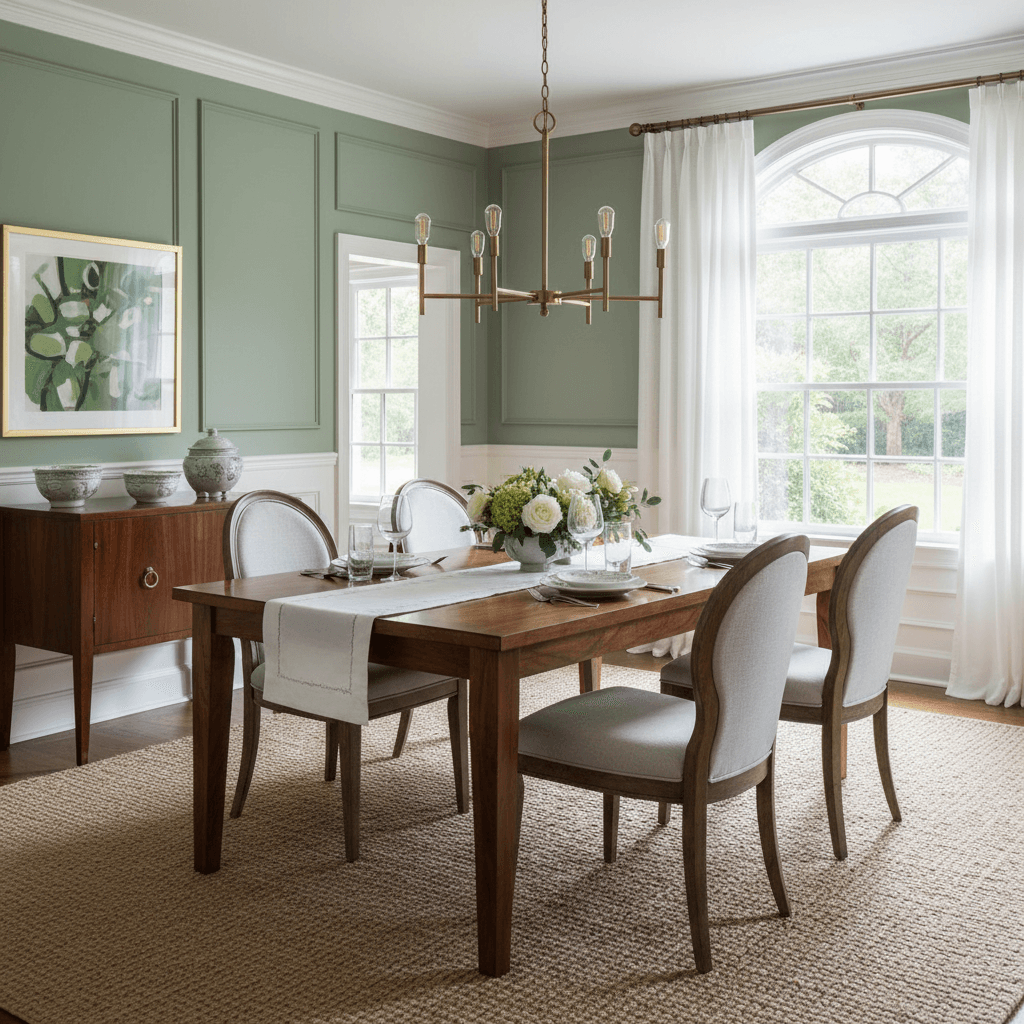 Dining room with muted green walls and natural wood table