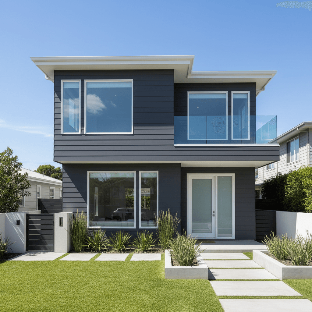 Modern home with dark charcoal exterior and crisp white trim