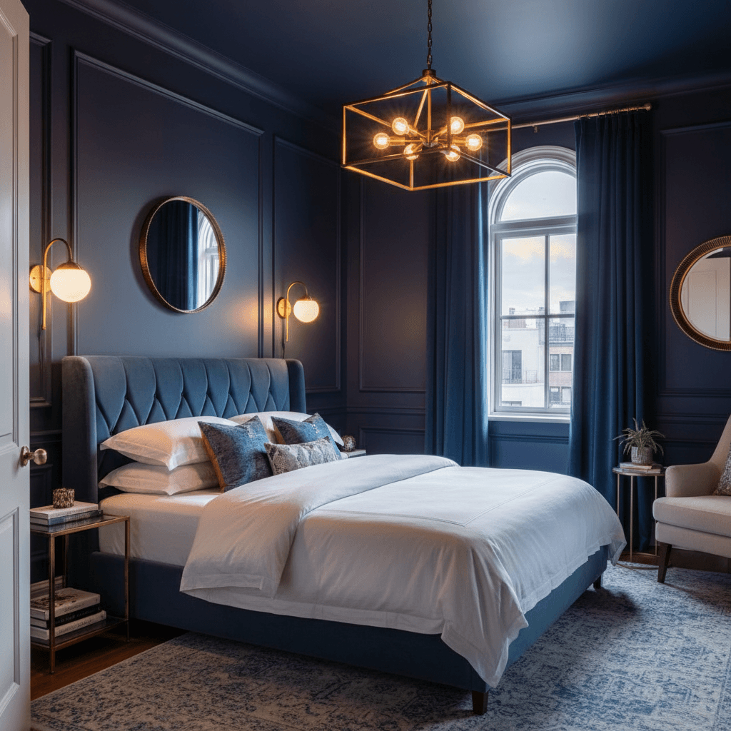 Bedroom with moody blue walls, white trim, and warm metallic accents