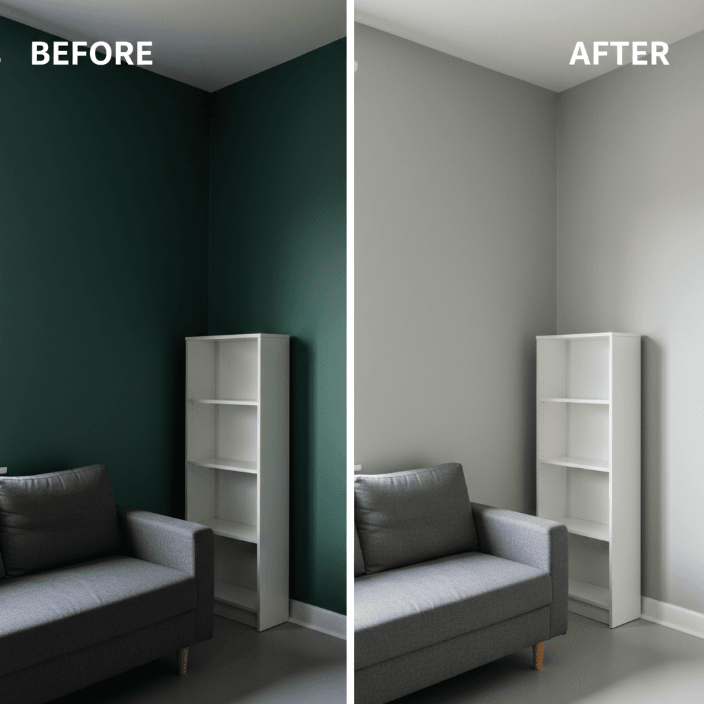 Living room corner before and after interior painting showing color and sheen transformation