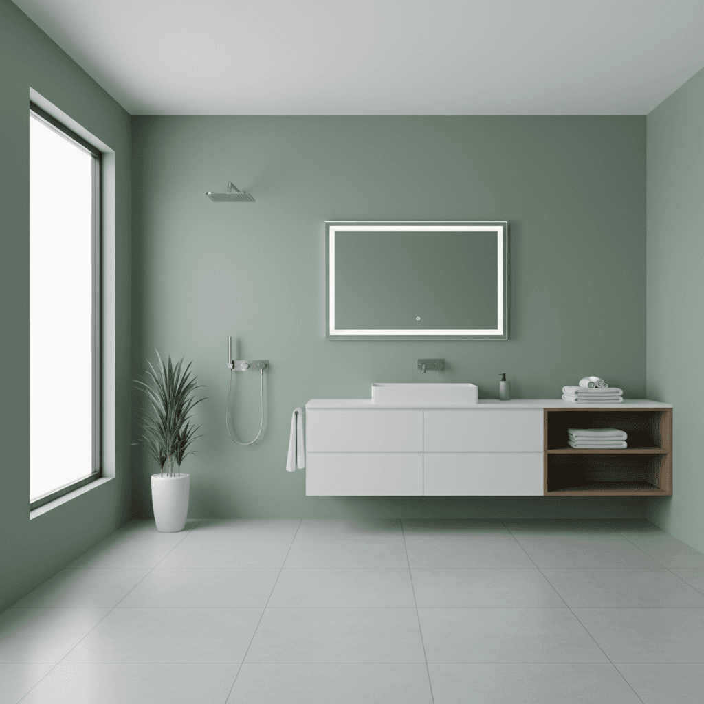 Bathroom with muted green walls and modern fixtures
