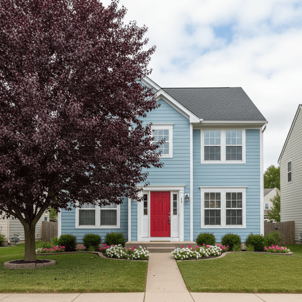 Light blue two-story house featuring a bright red door and a large burgundy tree.