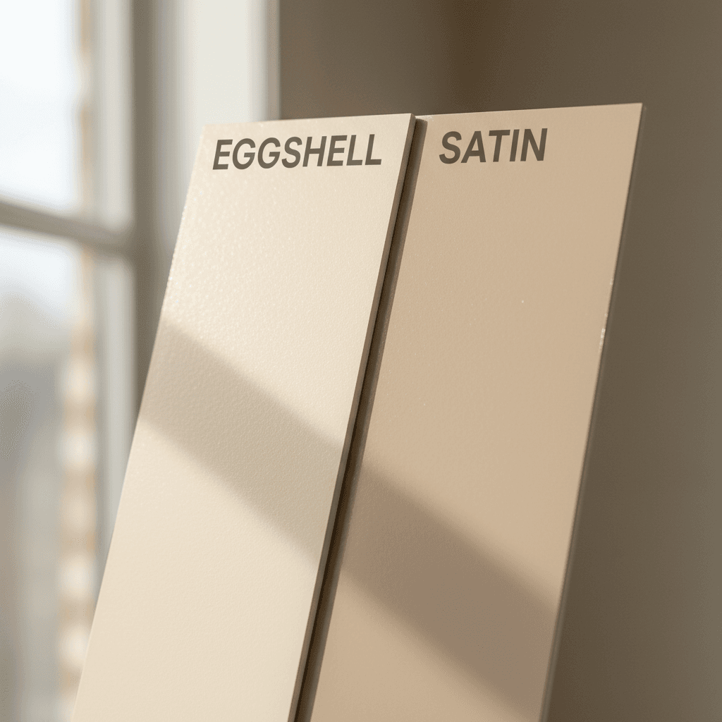 Eggshell and satin finish paint samples showing light reflection differences